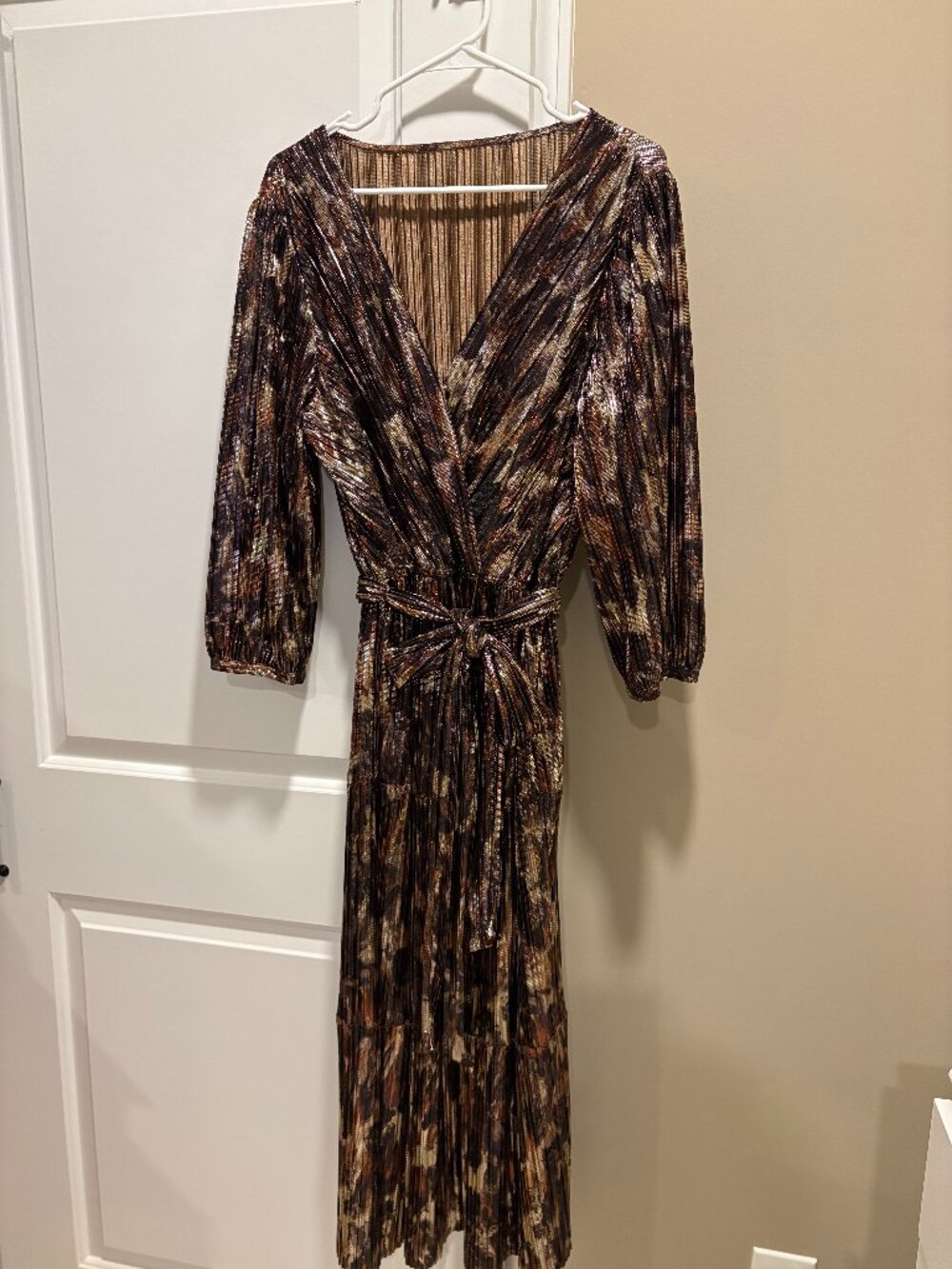 Johnny Was: "Tina" Metallic Midi 3/4 Sleeve Wrap Dress - Size 1X